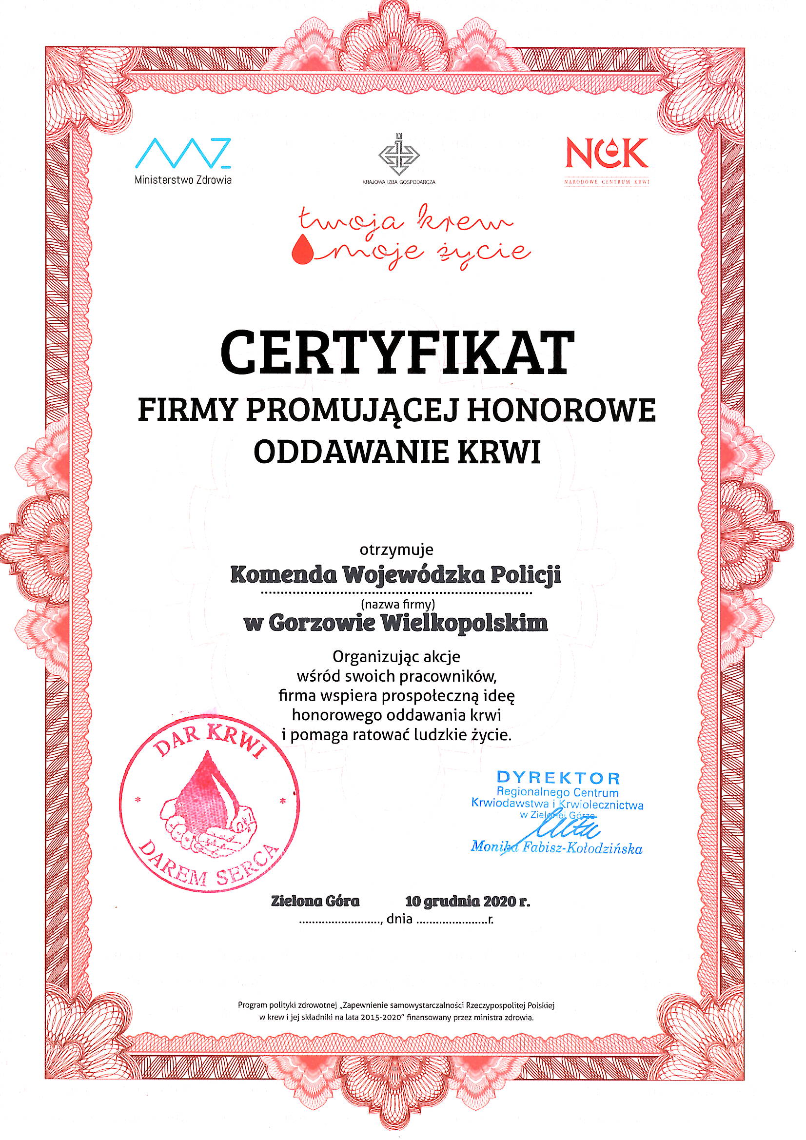 Certyfikat firmy promującej honorewo oddawanie Krwi