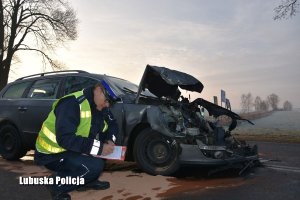 Policjant ruchu drogowego podczas oględzin przy uszkodzonym w wyniku wypadku samochodzie