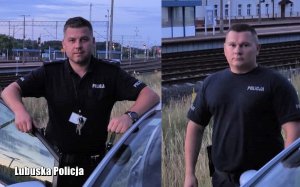 Policjanci stojący przy radiowozie, w tle dworzec kolejowy.