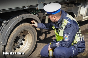 Policjant drogówki sprawdza stan techniczny pojazdu ciężarowego.