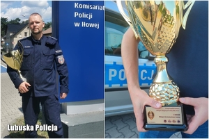 złączone zdjęcia policjanta trzymającego puchar