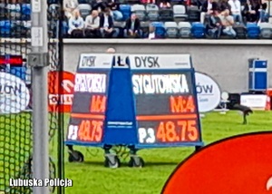 Tablica z wynikami sportowymi na Mistrzostwach Polski w Lekkiej Atletyce.