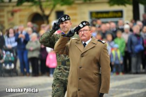 Salutujący generał Wojska Polskiego witający się z pocztami sztandarowymi
