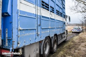 Pojazd ciężarowy. W tle radiowóz oznakowany Policji.