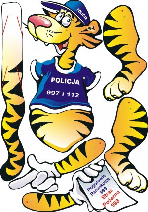 Z przodu koszulki widnieją napisy Policja oraz numery telefonów alarmowych 112 i 997. Tygrysek na głowie ma policyjna czapkę z daszkiem w kolorze granatowym z napisem Policja. W ręce tygrysek Lupo trzyma białą kartkę z napisem: Pogotowie ratunkowe 999 i Straż Pożarna 998.