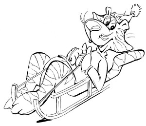 Kolorowanka przedstawia tygryska Lupo, który ubrany w sweter i czapkę z pomponem, zjeżdża na leżąco na sankach. Tygrysek jest uśmiechnięty i zadowolony. W rękach trzyma sznurek przymocowany do saneczek.