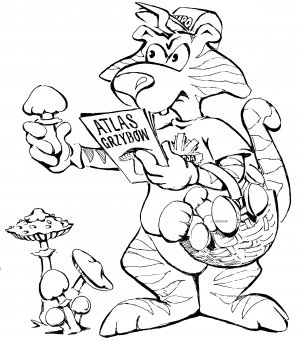 Kolorowanka przedstawia tygryska Lupo ubranego w koszulkę z napisem Policja oraz czapeczkę z daszkiem z napisem Lupo. W lewej ręce tygrysek trzyma książkę z napisem Atlas grzybów oraz kosz pełen grzybów. W drugiej ręce Lupo trzyma zerwanego grzyba, wyglądającego na trujący. Tygrysek podejrzliwie przygląda się trzymanemu grzybowi. U stóp tygryska, z ziemi wyrasta jeszcze pięć innych grzybów, również wyglądających na trujące.