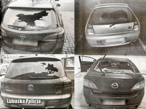 Czarno-białe zdjęcie przedstawiające auta osobowe z uszkodzoną szybą.
