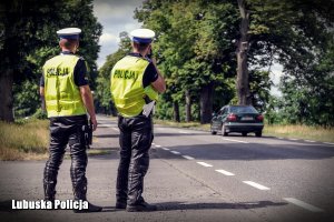 Policjanci ruchu drogowego kontrolują zachowanie kierowców przy drodze krajowej