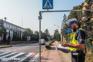 policjant kontroluje oznakowanie w rejonie przejścia dla pieszych