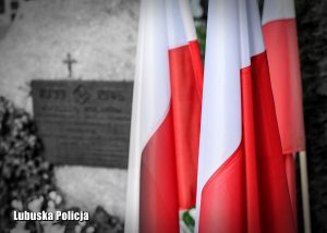 Flaga Polski, na tle czarno białego pomniku.
