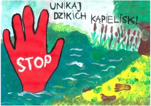 Praca plastyczna przedstawiająca czerwoną dłoń nad wodą z napisem &quot;STOP. UNIKAJ DZIKICH KĄPIELISK&quot;.