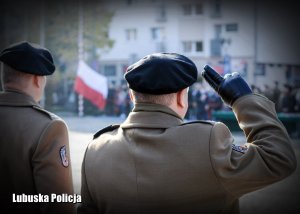 Żołnierz oddający hołd, a w tle flaga Polski.