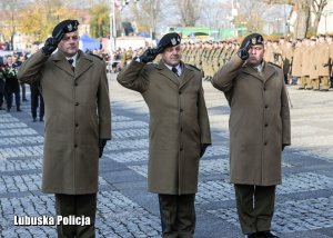 Żołnierze podczas oddawania honoru przed pomnikiem.
