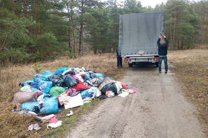 Pojazd dostawczy przy stercie śmieci wyrzuconej w lesie