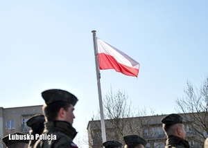 Żołnierze, a w tle flaga Polski powiewająca na wietrze.