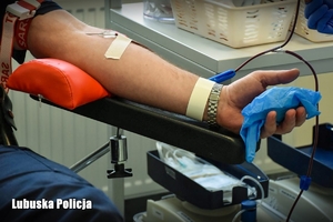 Ręka policjanta podczas oddawania krwi