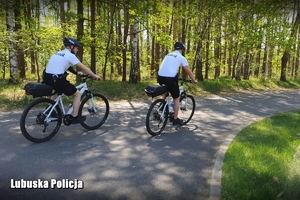 Policjanci na rowerach jadący drogą.