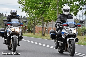 Policjanci na motocyklach jadą po drodze