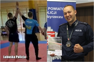 połączone zdjęcia zawodnika wygrywającego walkę oraz policjanta z nagrodami