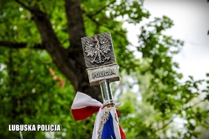 Godło Polski i napis POLICJA na szczycie sztandaru policyjnego.