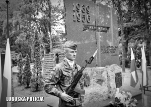 Żołnierz pełniący wartę honorową przy pomniku.