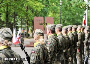 Kompania honorowa żołnierzy, a w tle pomnik.