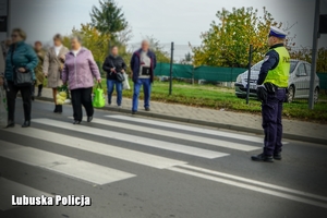 Policjant ruchu drogowego przy przejściu dla pieszych kieruje ruchem