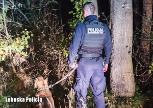 policjant i pies stoją w lesie