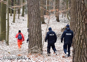 Policjanci i ratownicy wchodzący do lasu.