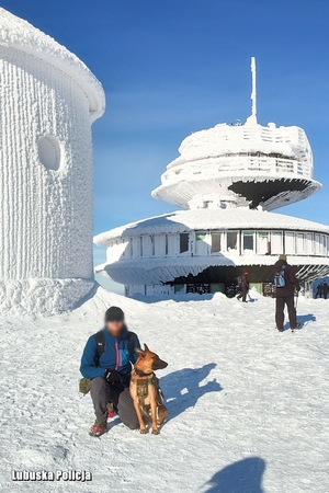 mężczyzna z policyjnym psem na szczycie Śnieżki