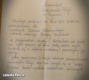 List z podziękowaniami za profesjonalną służbę policjantów z Żagania.