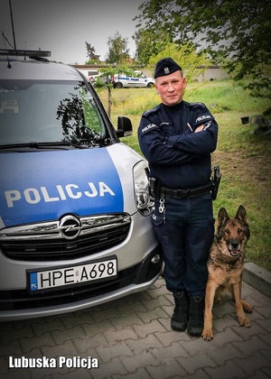 Umundurowany policjant stojący przy psie służbowym i radiowozie policyjnym.