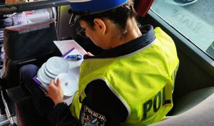 Policjantka przegląda dokumentacje autokaru