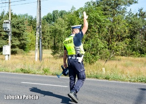 Policjant zatrzymuje pojazd do kontroli drogowej.