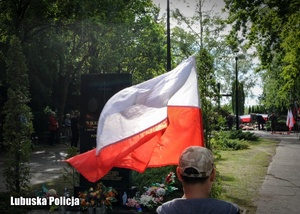 Chłopiec trzymający flagę Polski podczas uroczystości rocznicowych.