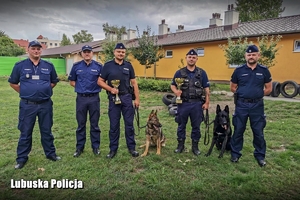Najlepsi przewodnicy psów służbowych stojący obok innych policjantów.
