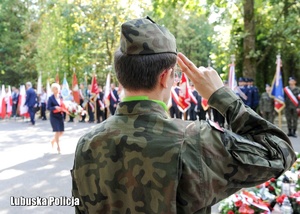 Żołnierz oddaje honory przy pomniku.