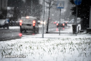 Padający śnieg, w tle widoczne pojazdy