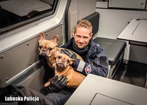 Policjant w radiowozie z dwoma odnalezionymi psami.