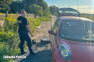 Policjant stojący przy samochodzie.