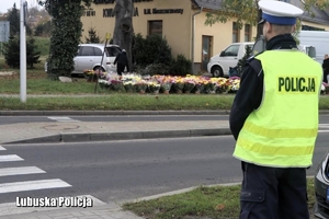 policjant obserwuje ruch pojazdów na drodze