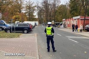 policjant obserwuje ruch pojazdów na drodze