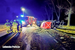 Miejsce wypadku drogowego - przy rozbitym pojeździe znajduje się pojazd straży pożarnej i strażacy.