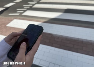 Telefon komórkowy w dłonie, a w tle przejście dla pieszych.