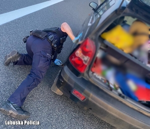 policjant zmienia koło w samochodzie