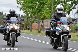 Policyjni motocykliści na drodze.
