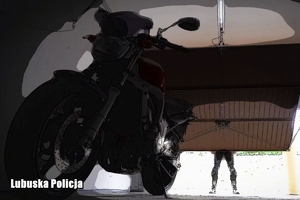 Obrazek przedstawiający motocykl, a w tle osobę otwierającą bramę garażową.