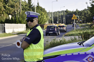 policjant stoi przy drodze