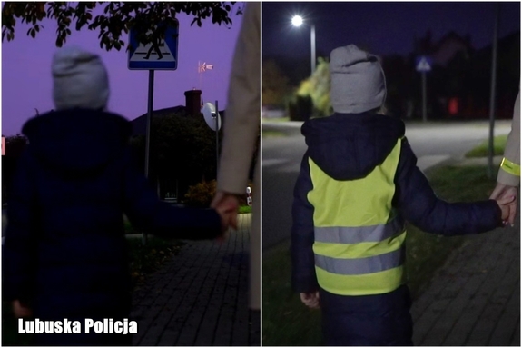 połączone zdjęcia dziewczynki i jej mamy z użyciem i bez odblasków na drodze
